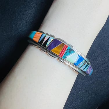 Vintage Rainbow Crystal Geometric Stone Inlay Turquoise Opal Tigers Eye Sterling Silver Native American Cuff Bracelet PL Patrick Lincoln 