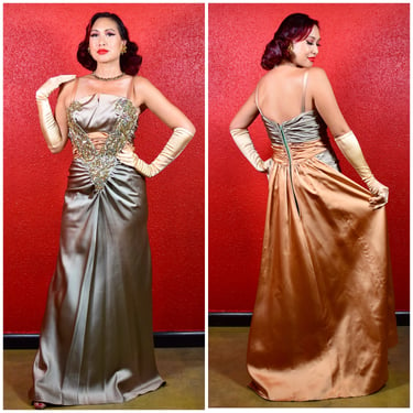 1950s Emma Domb Gown Bronze & Taupe Satin 