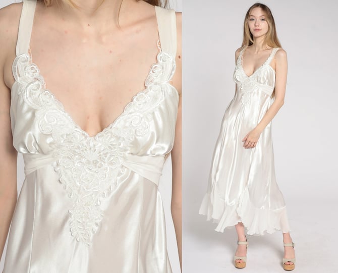 Satin Nightgown Y2K White Slip Dress Maxi Chiffon Lace | Shop