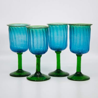Vintage Mexican Hand Blown Goblet Glasses Set of 4 