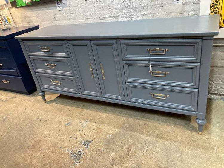 Gray painted Italian provincial mid century triple dresser! 72.5” x 20” x 32” Call 202-232-8171 to purchase
