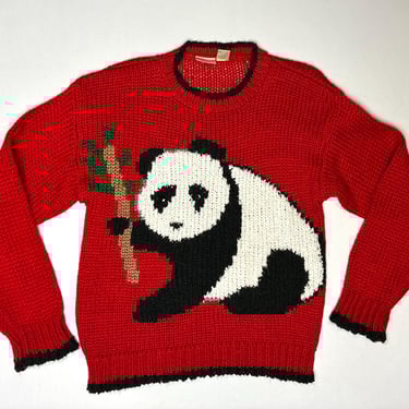 Vintage 1970s Red and Black Panda Pullover Sweater - Size Medium 