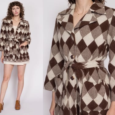 Medium 60s 70s Mod Argyle Belted Pea Coat | Vintage Brown & White Retro Notched Collar Jacket 