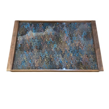 Vintage Italian Marbleized Paper Tray with Modern Walnut Frame
