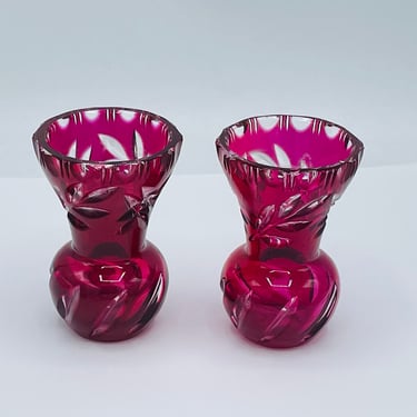 Vintage Pair of Small Bud Crystal Vase Ruby Red Cut to Clear - 3.25" tall  Chip Free 
