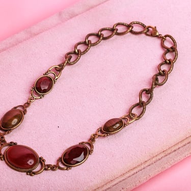 Vintage 80s Bronze Chain Tone Red Jewel Bead Wide Chocker Necklace 