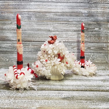 Vintage Holiday Faux Flowers & Candlestick Holders, 1960s Candy Canes ...