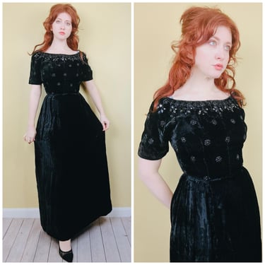 1950s Vintage Black Velvet Beaded Evening Gown / 50s Beading Rockabilly Maxi Length Dress / Size Small 