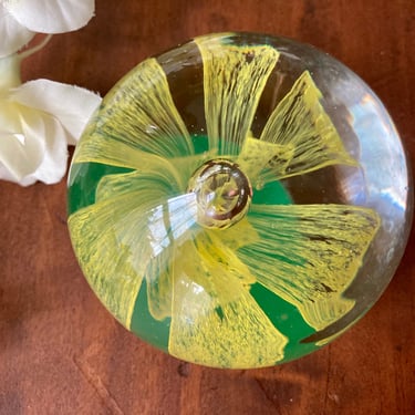 Vintage Glass Paperweight Yellow Flower 