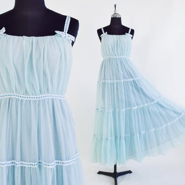 1950s Blue Evening Dress | 50s Pale Blue Swiss Dot Tiered Prom Dress | Light Blue Maxi Dress | Nadine | Small 
