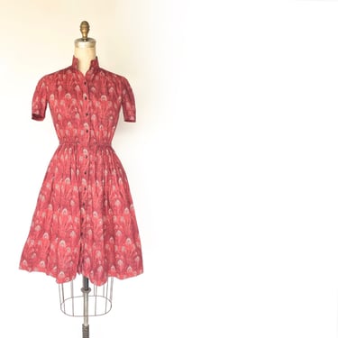 60s red fit and flare peacock dress 