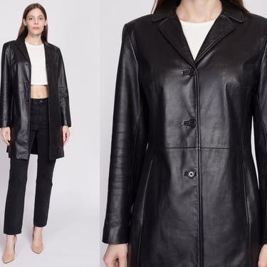 90s Minimalist Black Leather Mid Length Jacket - Small | Vintage Ann Taylor Button Up Notched Collar Midi Trench Coat 
