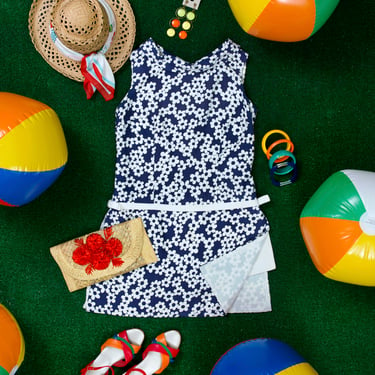 Cute Vintage 60s 70s Navy Blue & White Flower Power Romper (Dress with Built-In Shorts) 