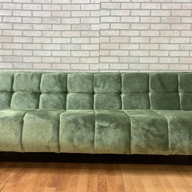 Mid Century Modern Adrian Pearsall Style Cube Button Tufted Gondola Sofa Newly Upholstered in Tufted Plush Sage Green Shag