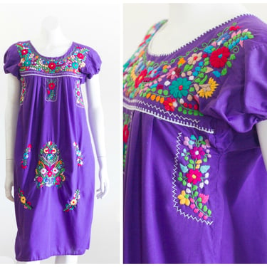 Vintage Purple Mexican Dress with Embroidery 