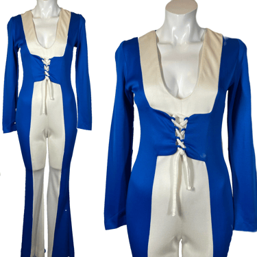 1970's Funky Electric Blue and White Colorblock Jumpsuit Size S