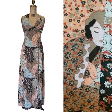 vintage 1970s patchwork lady print halter maxi dress small 70s fashion novelty 
