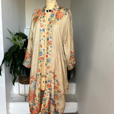 1920s Full Length Pongee Silk Robe Antique Floral Print Lanterns One Size Fits Most 