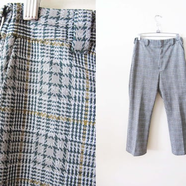 Vintage 70s Houndstooth Plaid Pants 26 - High Waist  Polyester Straight Leg Trousers - Gray Green 1970s Unisex Pants 