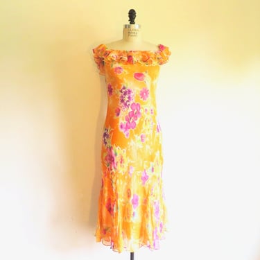 1930's Style Tangerine Orange Pink Floral Silk Chiffon Bias Cut Tea Dress Flutter Neckline 2000's Spring Summer Ralph Lauren Size 10 Medium 