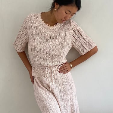 70s hand loomed linen matching set / vintage sheer Irish linen crochet pink 2 piece matching peplum sweater + A line skirt Pallas set | M 