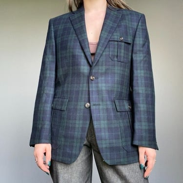 Izod Green Blue Tartan Plaid Oversized Wool Sport Coat Blazer Sz XL 