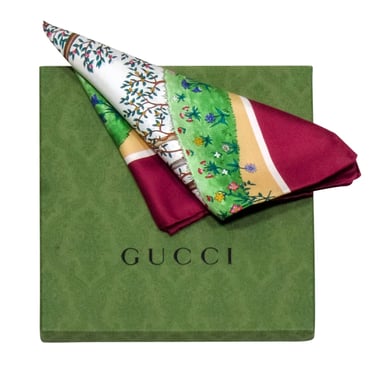 Gucci - Maroon Trim w/ Multi Color Tree Print Silk Scarf