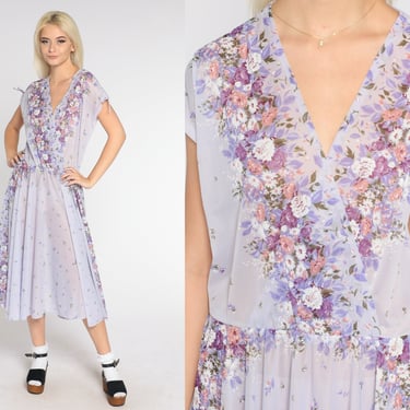 Sheer Floral Dress 70s Lavender Midi Dress Faux Wrap Pleated Boho Chic Cap Sleeve V Neck High Waist Retro Romantic Vintage 1970s Medium M 