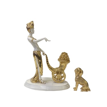 Gold White Coin Cart Lady w Poodle Fiber Glass Decor Figure ws3267E 