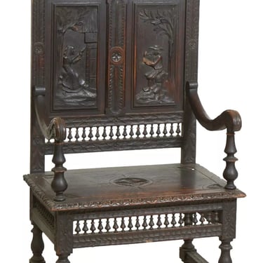 Antique Armchair, French Breton, Carved Oak, Spindled Crest, L. 19th C., 1800s