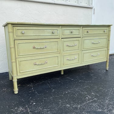Vintage Faux Bamboo Dresser Project with 9 Drawers - Light Green Hollywood Regency Coastal Credenza Furniture 