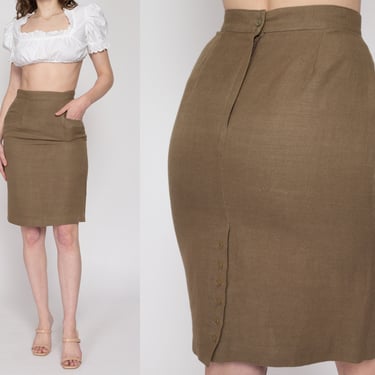 Small 90s Khaki Brown Linen Pencil Skirt 26" | Vintage High Waisted Fitted Mini Skirt 
