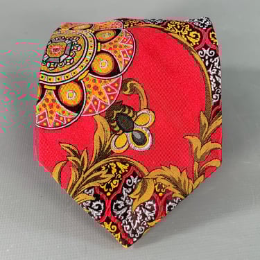 ROBERT TALBOTT Red Gold Grey Abstract Floral Silk Tie