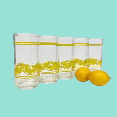 Vintage Drinking Glasses Retro 1980s Contemporary + Clear + Lemon Design + Set of 5 Matching + Tumblers + Drinkware + Home and Kitchen Decor 