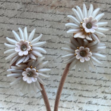 1950s flower earrings vintage jeweled plastic featherlite clip ons 