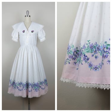 Vintage 1980s floral dress, cottagecore, border print, fit and flare, victorian 