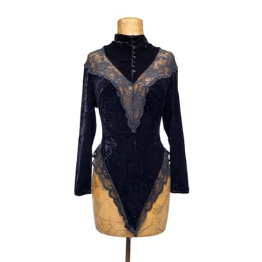 Vintage 1980s Black Crushed Velvet and Lace Body Suit, Sexy Victorian Goth Style Button Front High Cut Leotard, Made in France, Sm-Med, VFG 