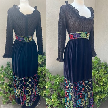 Vintage 70s maxi dress black velveteen colorful embroidered with sheer bodice Sz M by Sandine Original 