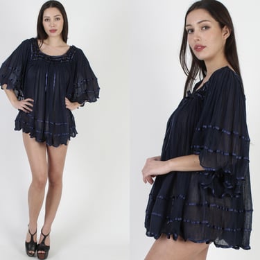 Navy Mexican Gauze Tunic / Kimono Sleeve Cotton Blouse / Lightweight Sheer See Through Top / Airy Crochet Trim Angel Beach Cover Up Top 