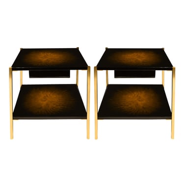 Maison Charles Rare Pair of Side Tables with Artisan Lacquered Tops 1970s (Signed)