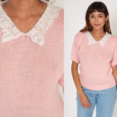 Baby Pink Sweater Top 90s Lace Granny Collar Blouse Pastel Knit Shirt Short Sleeve Girly Retro Boho Spring Cotton Ramie Vintage 1990s Small 