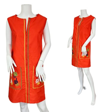 1960's Orange Cotton Embroidered Shift Sleeveless Dress I Sz Lrg 