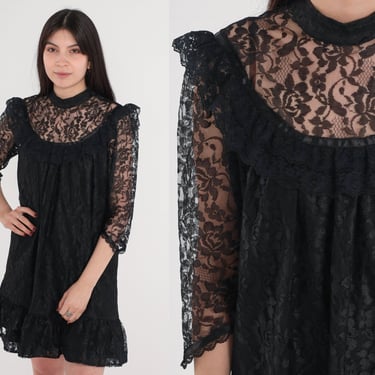 Black Lace Dress 80s Party Dress Ruffled Mini Dress Sheer Sleeve Ruffle Flounce Goth Glam Cocktail Evening Vintage 1980s Carol Bennet Small 