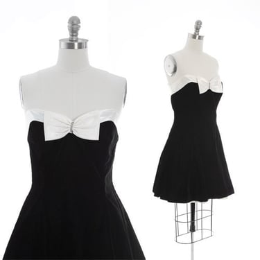 Tuxedo mini dress | Vintage 80s black velvet  tuxedo dress |  Jeweled bow party dress 