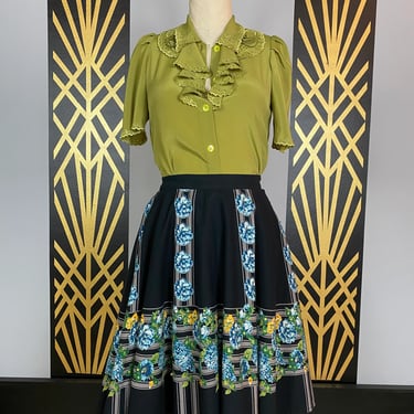1950s style skirt, black cotton, border print, vintage skirt, full, medium, 90s does 50s, 28 waist, rockabilly style, sequin, circle skirt 