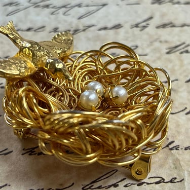 vintage bird nest brooch gold wire nest with pearl eggs pin 