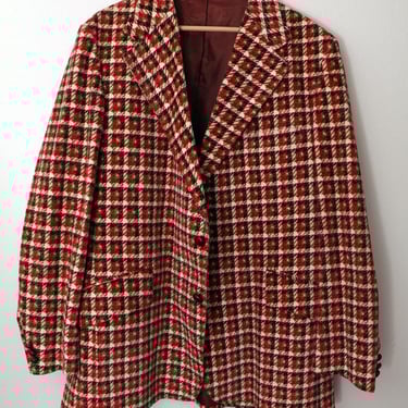 46L Men's Chenille Sport Coat, Suit Jacket 1960's, 1970's RARE Blazer XL Red Brown Houndstooth Print, Vintage Mod Hippie Velvet Check 