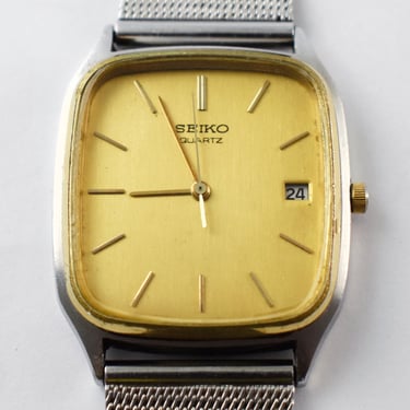 80's Seiko date time gold faced rectangle watch #6432-5039, Skagen Denmark stainless steel mesh band 