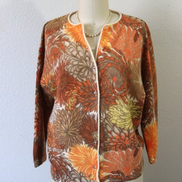 Vintage 60s Sweater Cardigan Darlene Minklam Angelon Orange floral Abstract angora lambswool // Modern Size US Small Med 