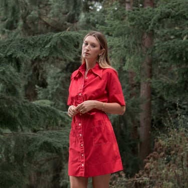 60s Mod Dress, Pointy Collar Button up Dress, Retro 60's Dress with Pockets, Red Scooter Dress, Babydoll Shift Dress, Large 
